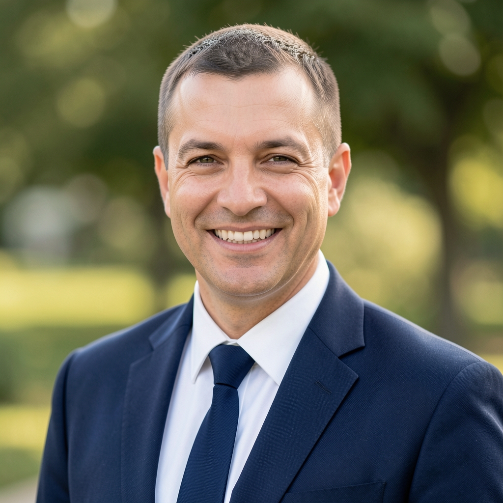 Kısa saçlı, takım elbiseli, gülümseyen otuzlu yaşlarda erkek ekonomist — Tanara araştırmacısı portresi